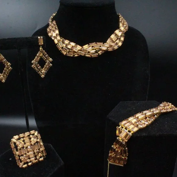 WEISS HIGH END DESIGNER BROWN TOPAZ RHINESTONES EMERALD CUT PARURE SET - Picture 5 of 7